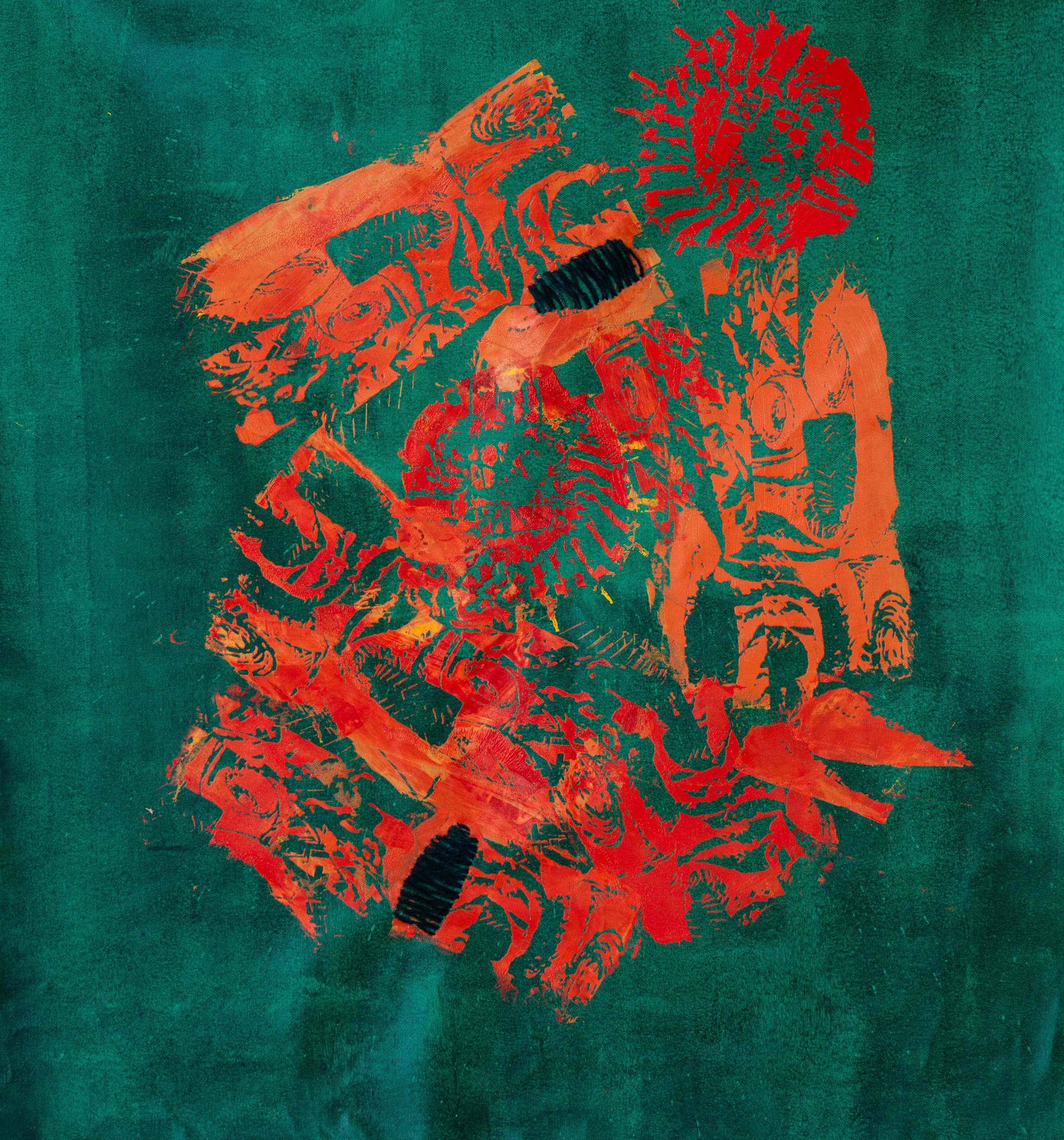 Ahoma Ntoaso), 2022, Acrylic on canvas, green jute rope, plastisol, 88.9 cm X 106.68 cm.