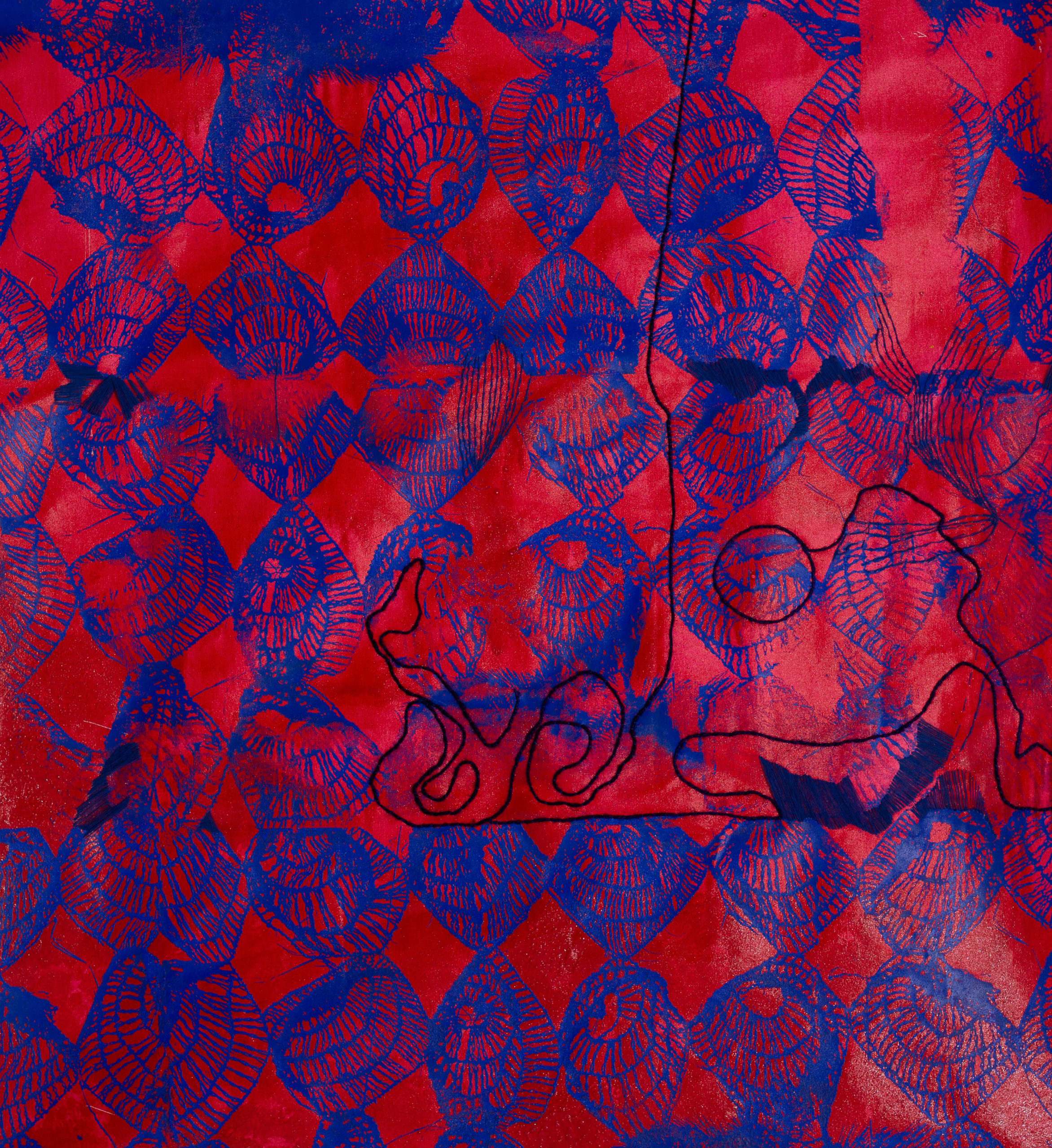 Ebusua Santen, 2022, Acrylic on canvas, thread, dyed jute rope and plastisol, 88.9 cm X 106.68 cm.